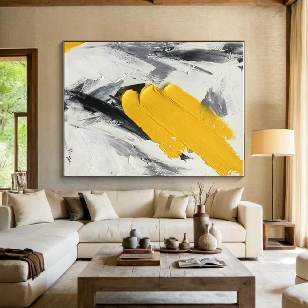 Hand-Painted Modern Art Acrylic with Yellow, Black, Gray Textured Layers - Large Painting In Living Room HS524