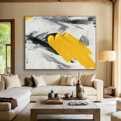 Hand-Painted Modern Art Acrylic with Yellow, Black, Gray Textured Layers - Large Painting In Living Room HS524