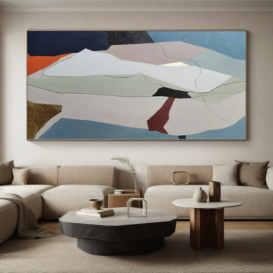 Hand-Painted Blue, Beige, and Gold Abstract Geometric Shape Painting For Sale HS020