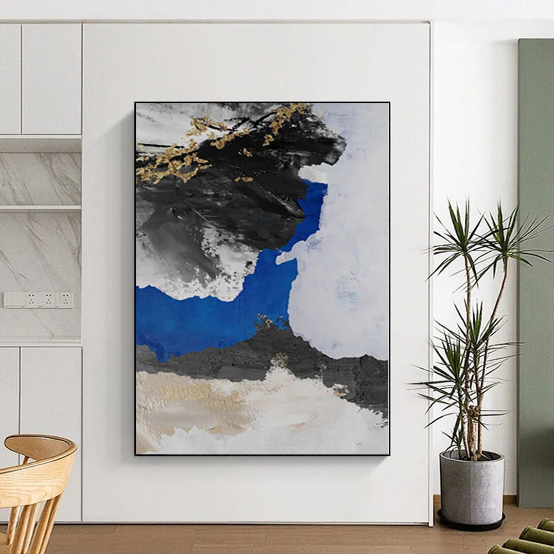 Hand-Painted Black, White, Blue, and Gold Abstract Textured Painting For Sale HS052