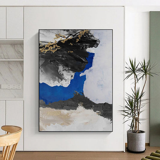 Hand-Painted Black, White, Blue, and Gold Abstract Textured Painting For Sale HS052