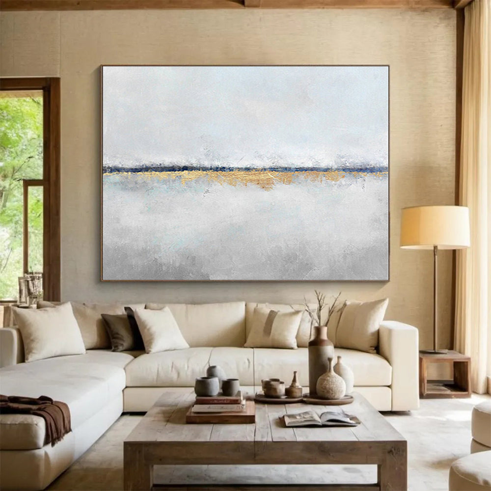 Huge Size Gray, White and Gold Abstract Minimalist Painting WB064