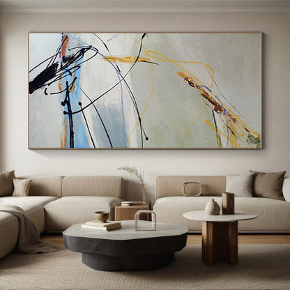 Large Size Black, Yellow & Blue Gestural Abstract, Acrylic Modern Art Painting HS210