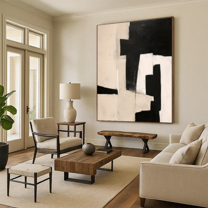 Large Contemporary Wall Art Black, White, and Beige Geometric Abstract Art HS667