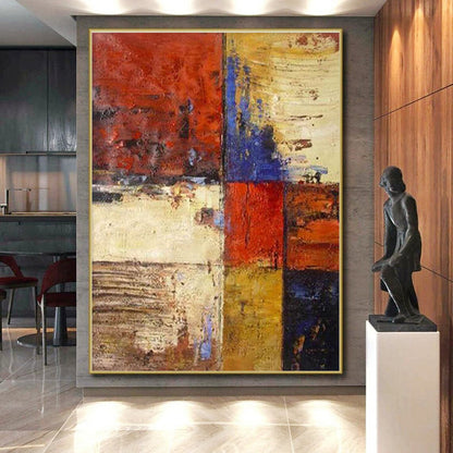Big Painting Red, Blue, Yellow & Brown Abstract Geometric Blocks Art HS385