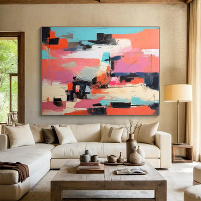 Hand-Painted Coral, Pink & Teal Geometric Abstract, Acrylic Modern Art Painting HS231