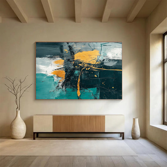 Contemporary Abstract Painting with Teal, Gold, Black and White Colors, Expressive Abstract Theme WB327