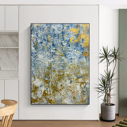 Hand Painted Art Blue, Gold, and White Textured Abstract Landscape HS726