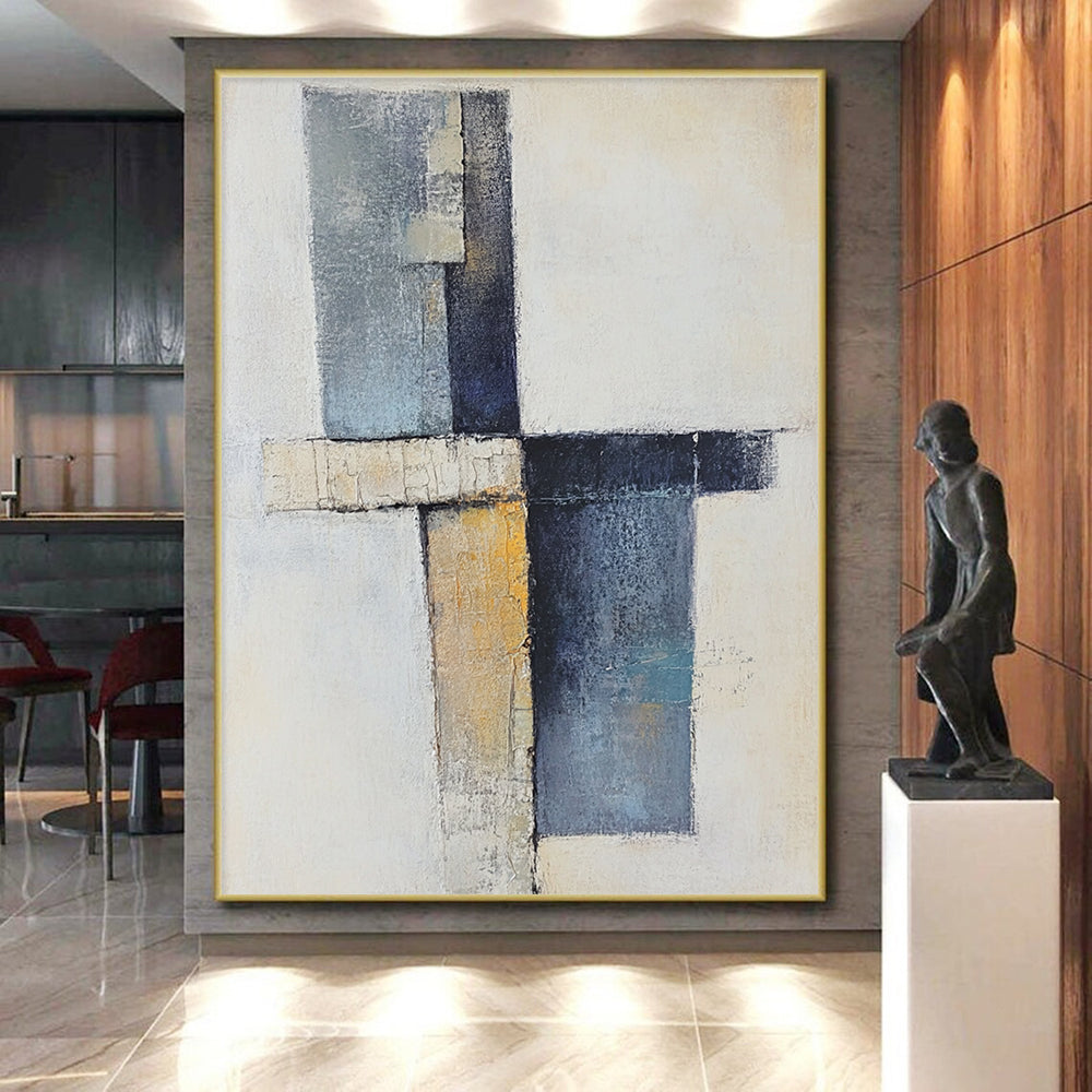 Hand Painted Art Blue, Beige, and Black Abstract Geometric Painting For Sale HS157