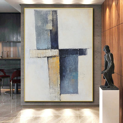 Hand Painted Art Blue, Beige, and Black Abstract Geometric Painting For Sale HS157