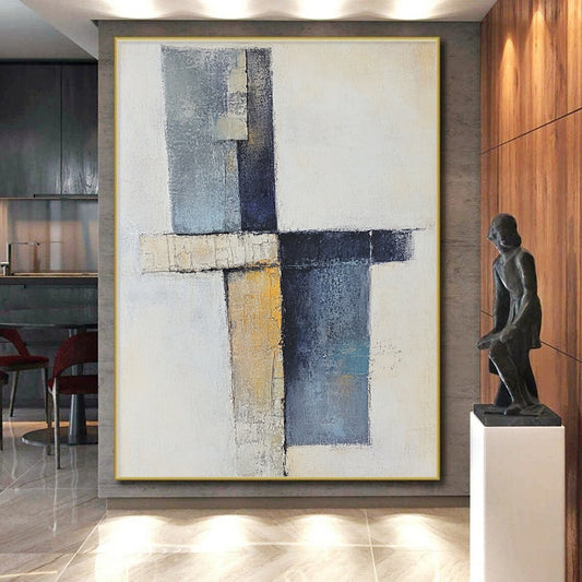 Hand Painted Art Blue, Beige, and Black Abstract Geometric Painting For Sale HS157