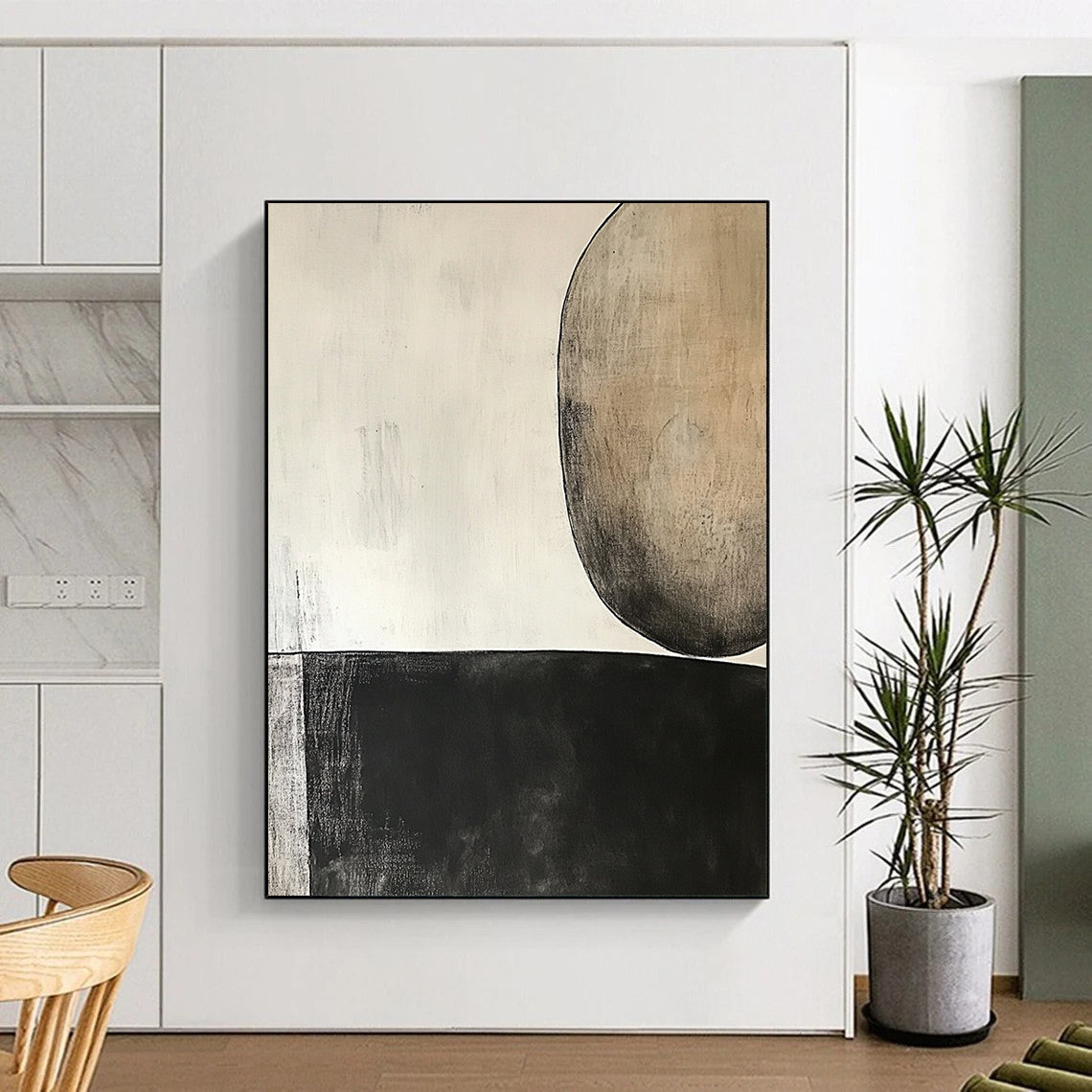 Unique Abstract Art Black, White, and Beige Abstract Organic Shape Painting For Sale HS155