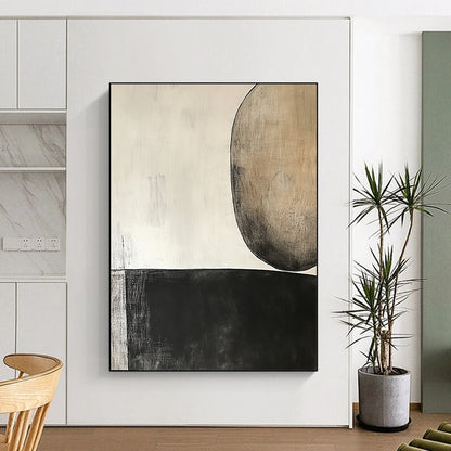 Unique Abstract Art Black, White, and Beige Abstract Organic Shape Painting For Sale HS155