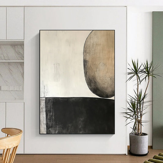 Unique Abstract Art Black, White, and Beige Abstract Organic Shape Painting For Sale HS155