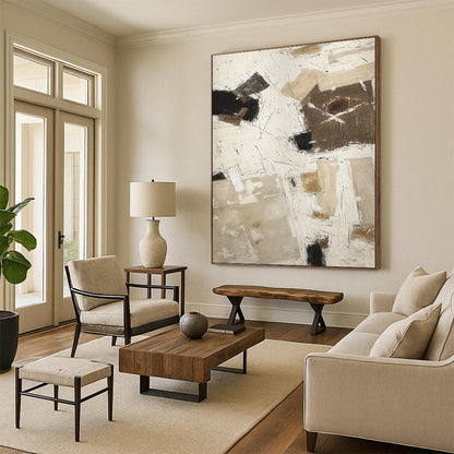 Hand Painted Art Beige & Black Textured Abstract, Acrylic Modern Art Paintings HS320