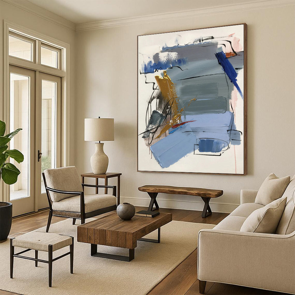 Hand-Painted Art with Blue, Gray, Gold and Red Colors, Abstract Geometric Theme HS471