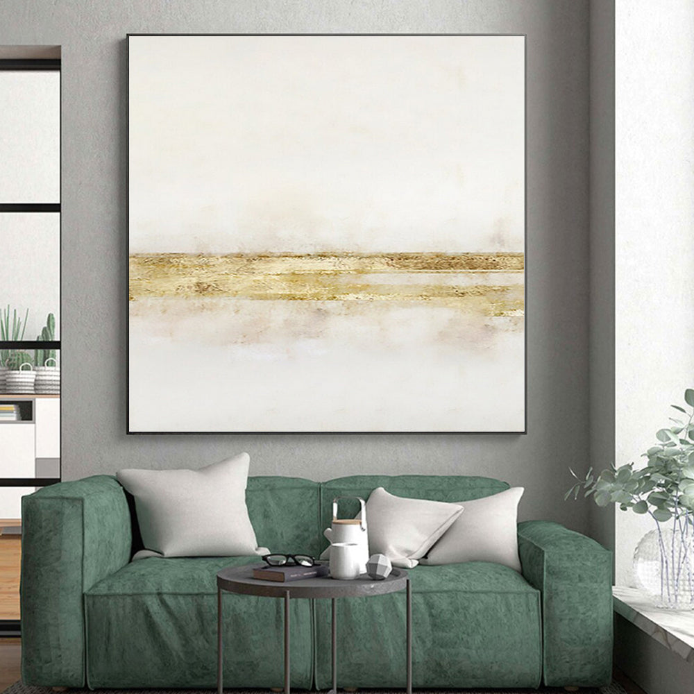 Hand-Painted White and Gold Abstract Minimalist Painting For Sale HS091