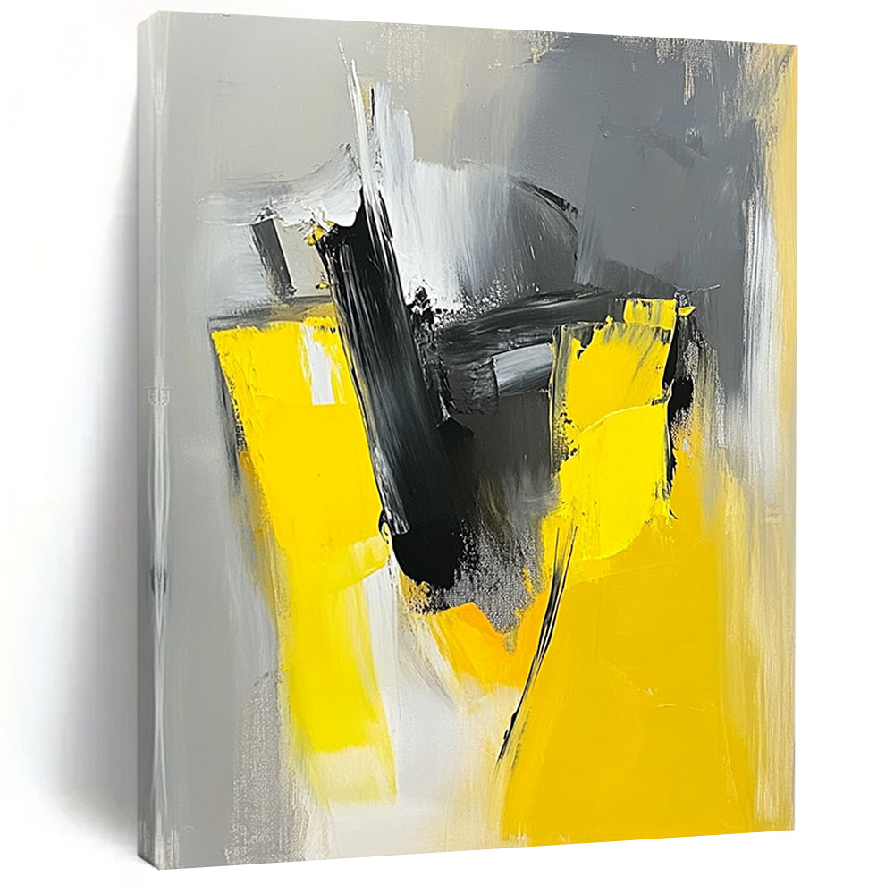 Large Size Yellow, Black, and Gray Abstract Expressive Painting For Sale HS142