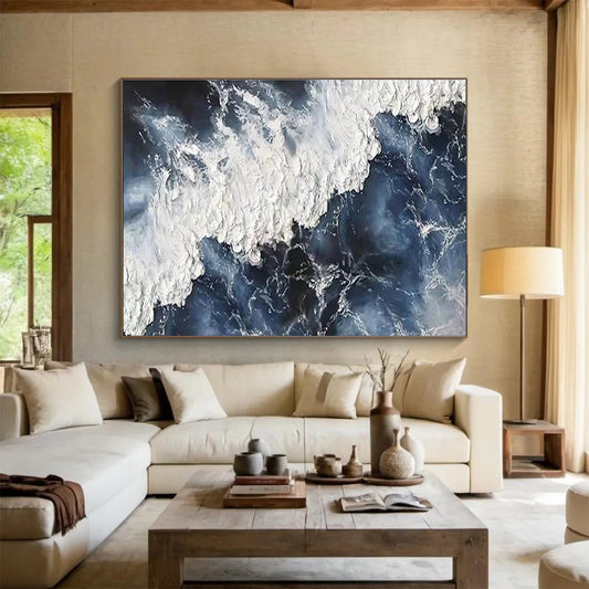 Oversized Canvas Art in Dark Blue and White Abstract Wave Style WB225