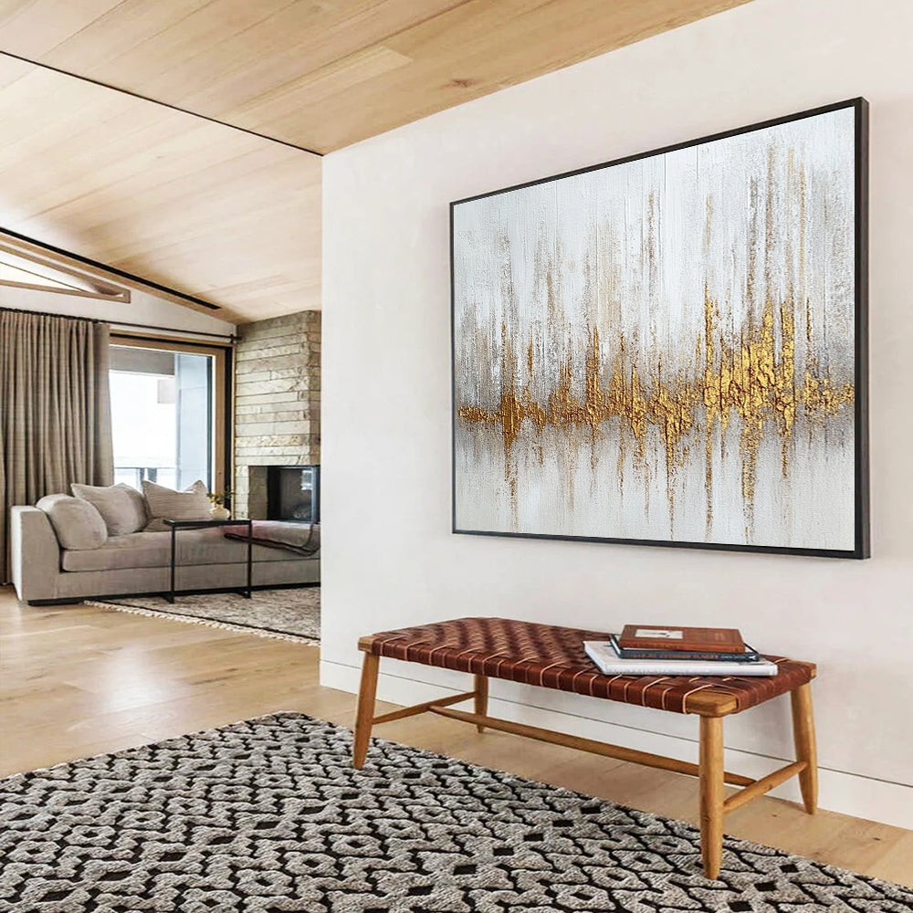 Oversized Canvas Art White, Gold, and Gray Abstract Soundwave - Acrylic Painting WB293