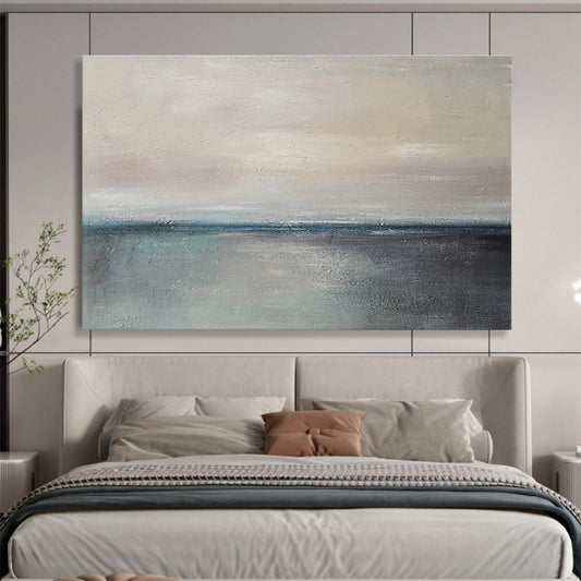 Horizontal Beige, Gray, and Blue Abstract Calm Sea Horizon, Abstract Oil Painting WB184