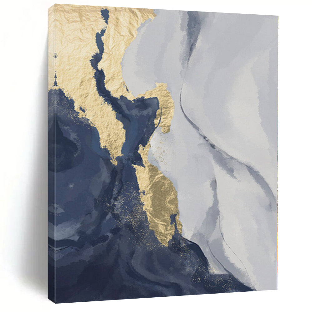 Gaint Canvas Art Blue, Gray, and Gold Abstract Marble Painting For Sale HS084