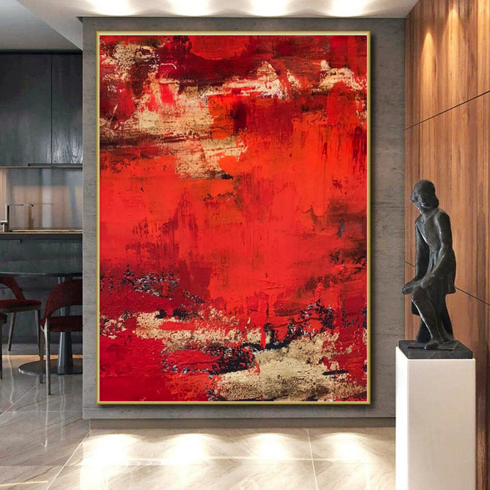 Gaint Canvas Art Red & Gold Textured Abstract, Oversized Abstract Wall Art HS455