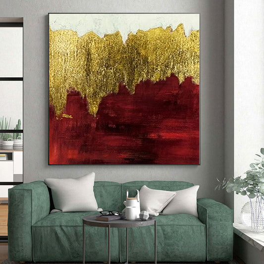 Hand-Painted Red and Gold Abstract Landscape Painting For Sale HS066