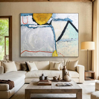 Handmade Art Gray, Yellow, and Blue Geometric Abstract Painting On Canvas HS826