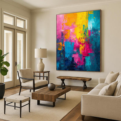 Unique Abstract Art Pink, Yellow & Teal Colorful Blocks, Acrylic Modern Art Painting HS224