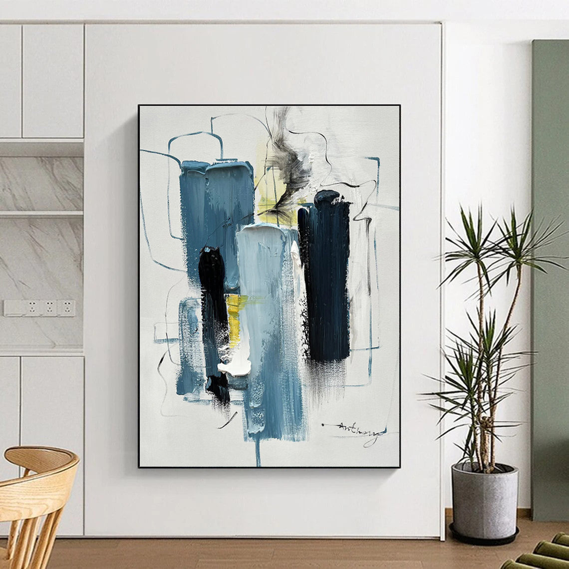 Large Contemporary Wall Art with Blue, Black, White and Yellow Colors, Abstract Urban Theme HS479
