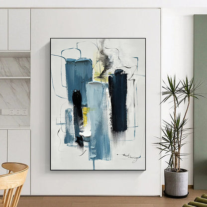 Large Contemporary Wall Art with Blue, Black, White and Yellow Colors, Abstract Urban Theme HS479