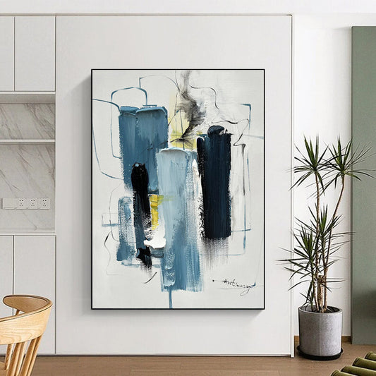 Large Contemporary Wall Art with Blue, Black, White and Yellow Colors, Abstract Urban Theme HS479