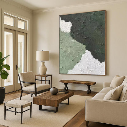 Hand-Painted Green and White Textured Abstract Shape Painting For Sale HS063