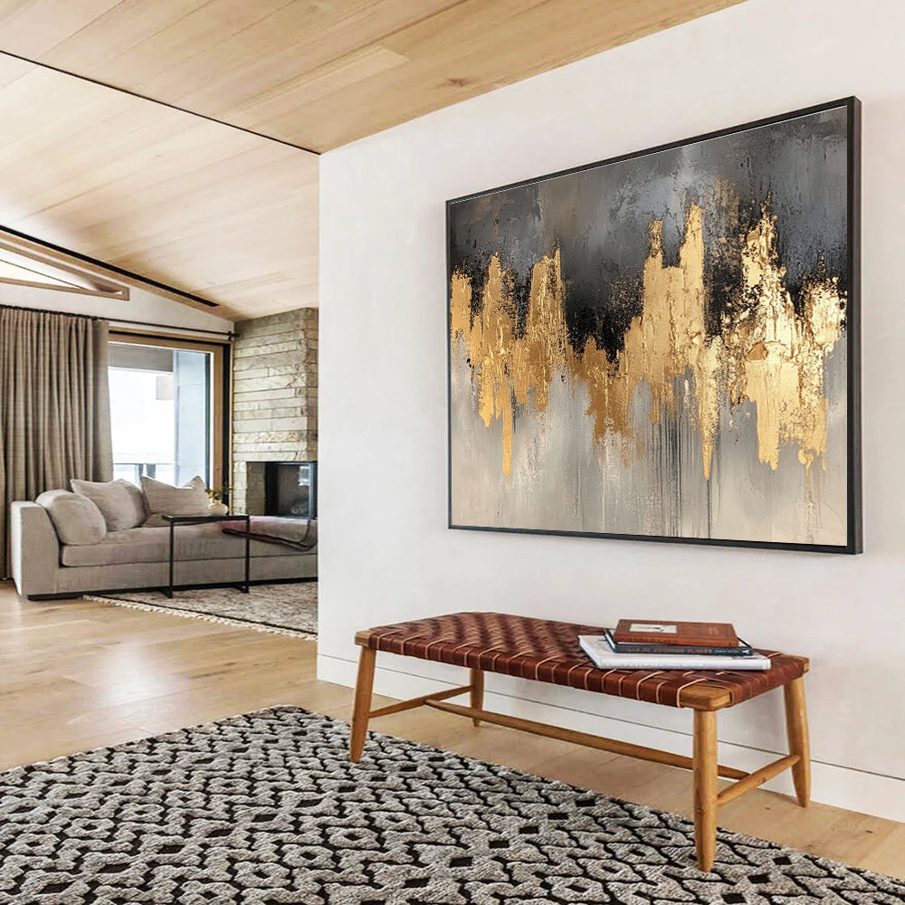 Big Size Gray, Gold, and Black Abstract Cityscape - Acrylic Painting WB296