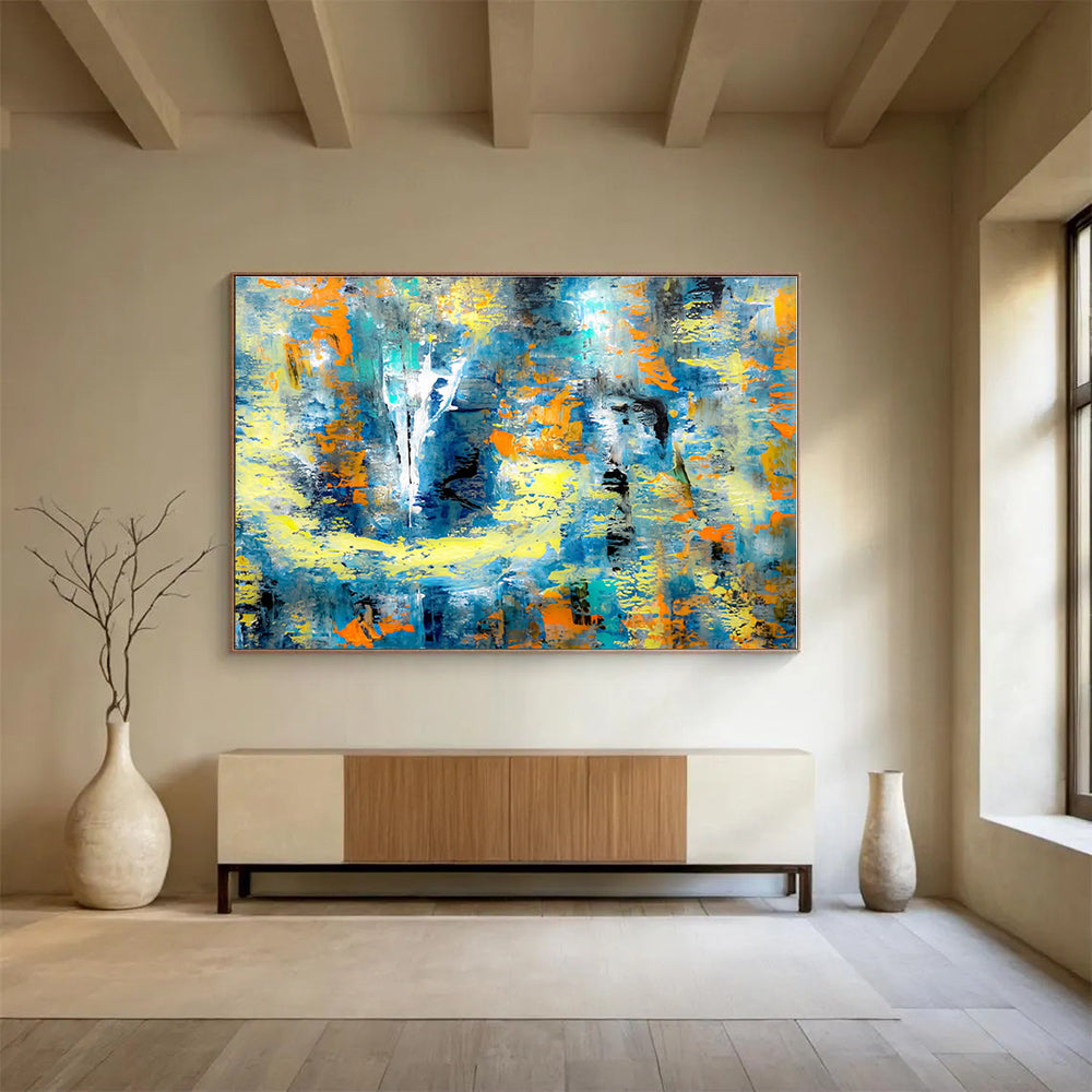 Extra Large Size Blue, Yellow, and Orange Abstract Splash Art, Abstract Acrylic Painting WB162