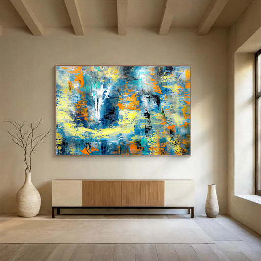 Extra Large Size Blue, Yellow, and Orange Abstract Splash Art, Abstract Acrylic Painting WB162