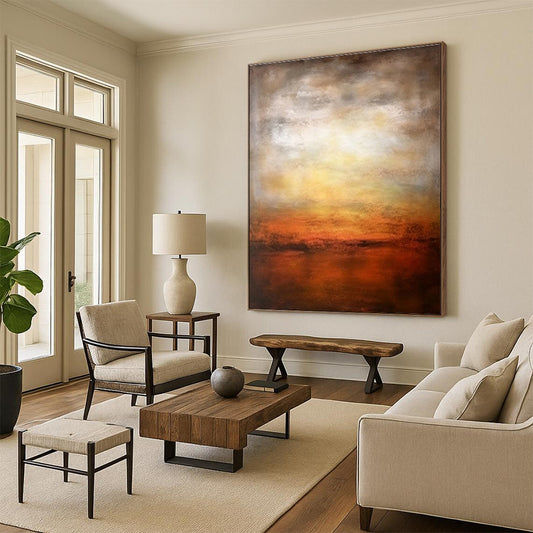 Hand Painted Art Orange, Yellow & Brown Abstract Sunset Landscape Art HS383