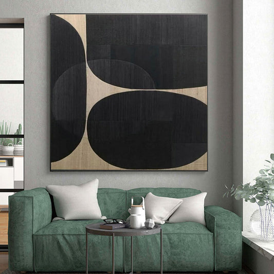 Huge Size Handmade Art with Black, Beige Geometric Shapes - Large Contemporary Wall Art HS515
