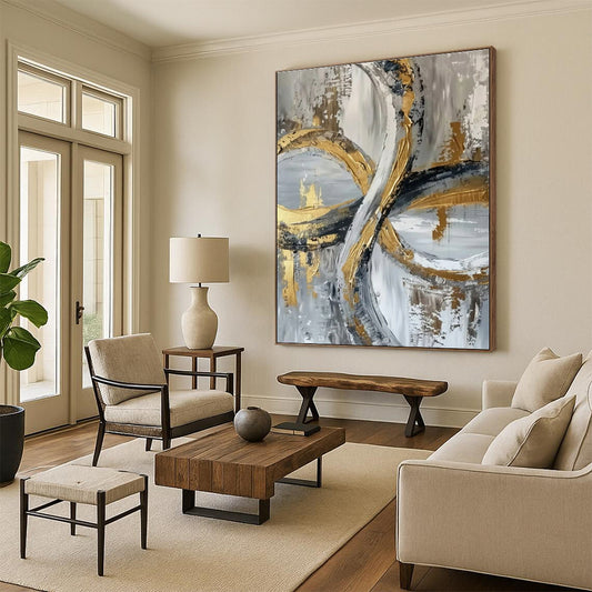 Unique Abstract Art Gold, Gray, and Black Circular Abstract Art HS734