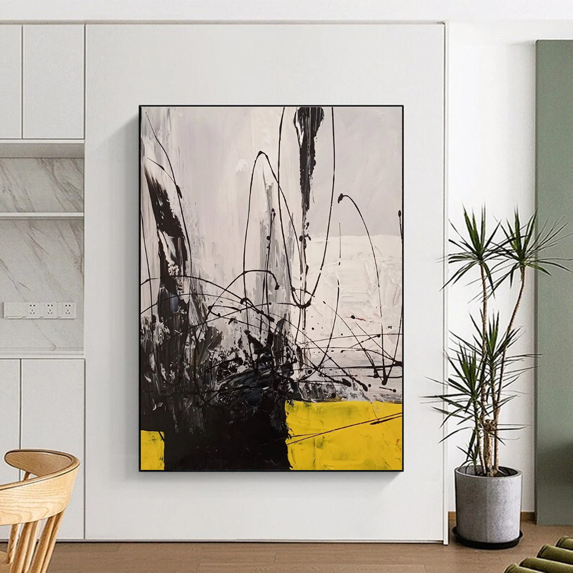 Hand-Painted Black, White & Yellow Gestural Abstract, Acrylic Modern Art Painting HS221