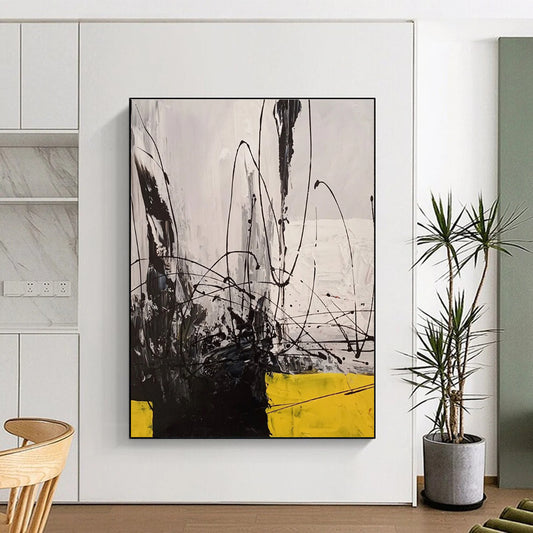 Hand-Painted Black, White & Yellow Gestural Abstract, Acrylic Modern Art Painting HS221