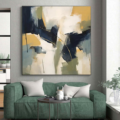 Hand-Painted Navy, Yellow & White Gestural Abstract, Acrylic Modern Art Painting HS230