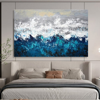 Contemporary Abstract Art: Blue Grey and White Textured Wave Abstract Painting WB370