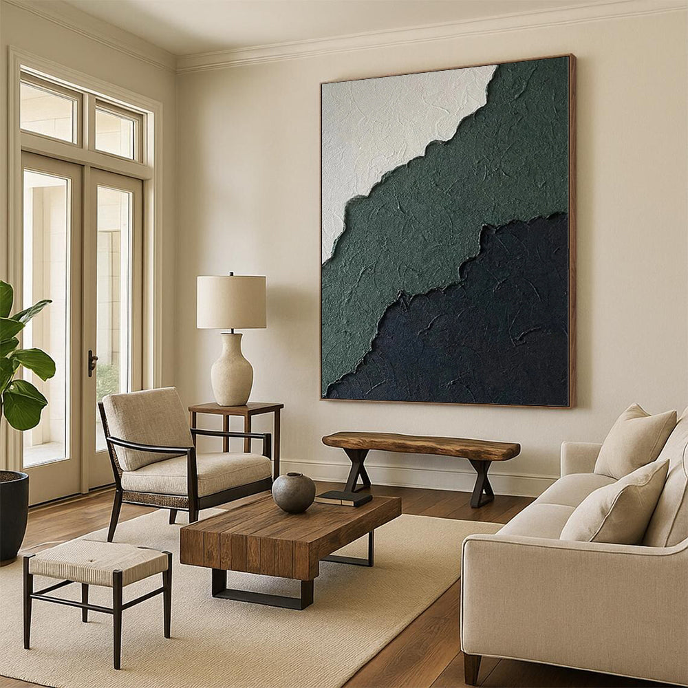 Hand-Painted Green, Black, and White Textured Abstract Layer Painting For Sale HS047