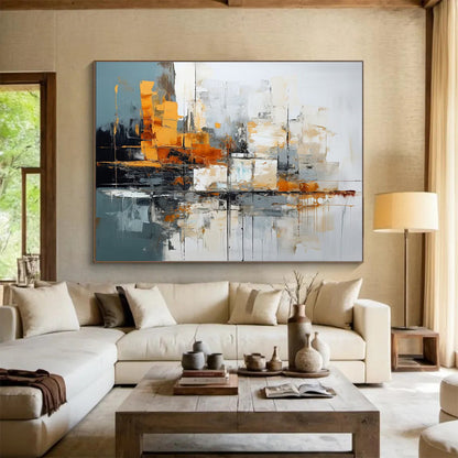 Oversized Canvas Art Gray, Orange, and White Abstract Cityscape, Abstract Acrylic Painting WB164