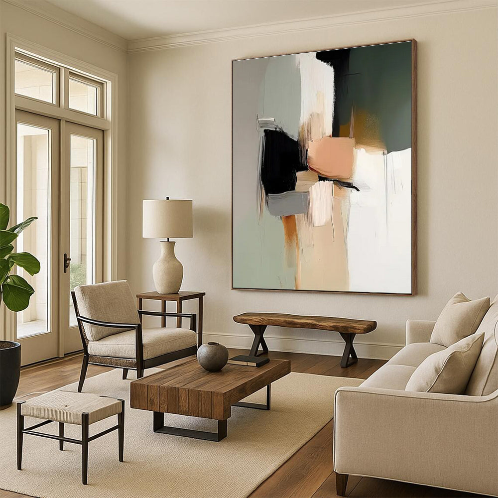 Unique Abstract Art Neutral Tones with Black and Peach Accents Abstract Art HS622