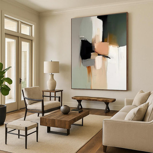 Unique Abstract Art Neutral Tones with Black and Peach Accents Abstract Art HS622