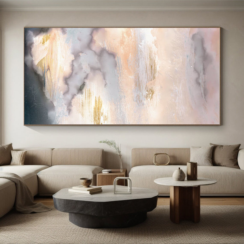 Hand-Painted Pink, Gold & Gray Cloudy Abstract, Acrylic Modern Art Painting HS241