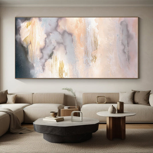 Hand-Painted Pink, Gold & Gray Cloudy Abstract, Acrylic Modern Art Painting HS241